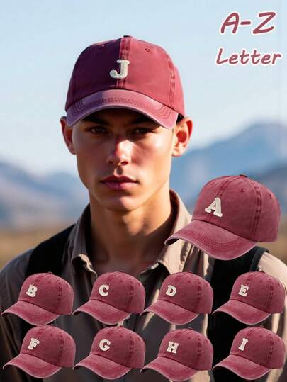 1 pieza Gorra de béisbol con letras de la A a la Z para parejas, hombres y mujeres, de estilo vintage lavado, nuevo diseño casual y versátil para protección solar, transpirable y absorbe el sudor para uso en deportes al aire libre