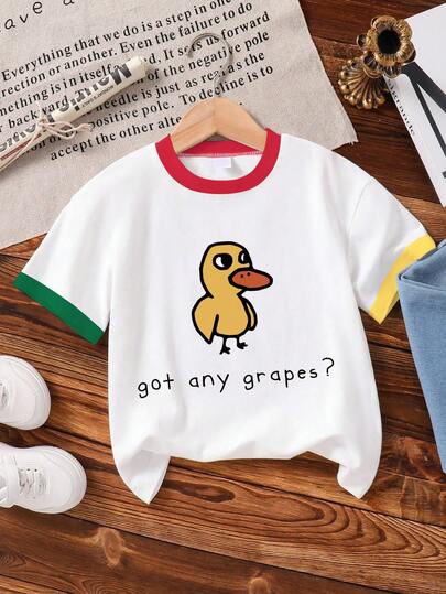 Girls' Colorblock Short Sleeve T-Shirt, Cute Duck & Letter Print, Loose Breathable, Fashionable & Adorable, Essential For Summer Outings