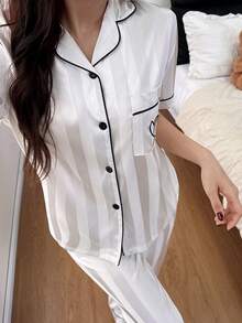 2pcs Striped Subtle Textured Satin Short-Sleeve And Pants Pajama Set - Spring/Summer Comfortable Casual Loungewear Set - trắng - Xem 3