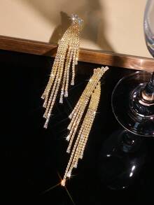 1对多层长流苏几何水晶锆石全镶耳环，时尚水钻耳环，适合搭配晚礼服，日常佩戴闪亮耳环 - 鋯石流蘇耳環 - 查看 7