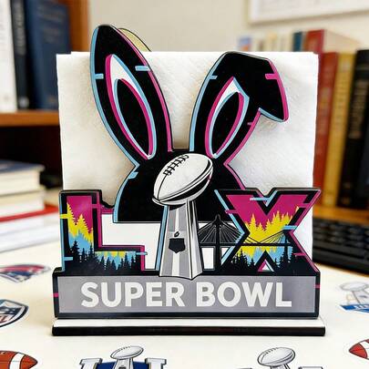 1/2个装运动木质餐巾架，饰有橄榄球和力量图案，可独立放置，是餐桌的完美装饰品。