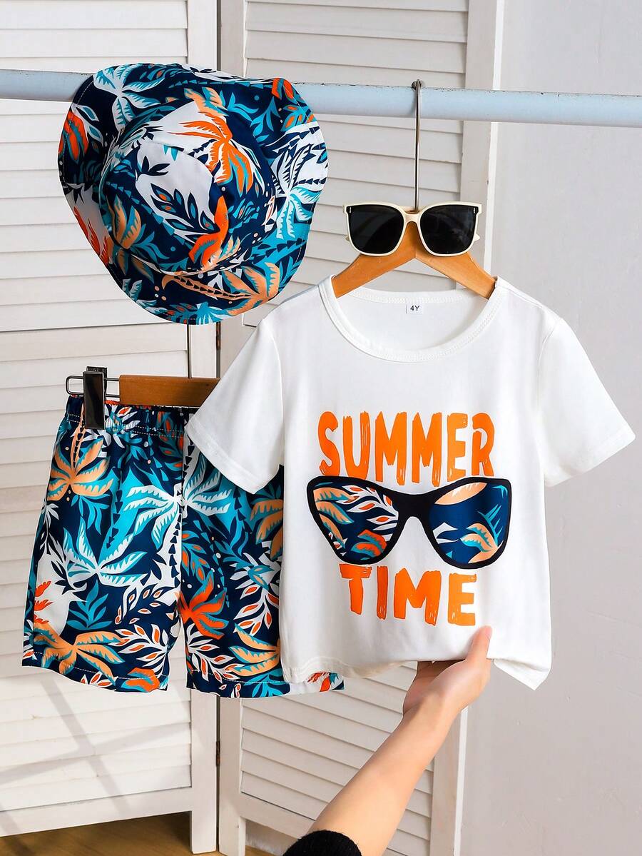 3pcs/Set Young Boy Tropical Plant Print Short Sleeve Round Neck T-Shirt And Shorts + Hat Outfit, Casual Summer Daily Vacation Wear - Multicolor - View 1