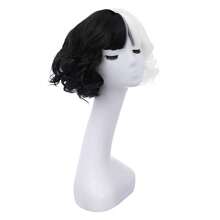 Half Black White Wig With Bangs Women Girls Short Curly Wavy Wig Black And White Hair Wigs Halloween Cosplay Costume Party Wig - Ombre - View 3