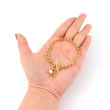 1 pieza Brazalete de cadena de acero inoxidable dorado con colgante de perla falsa con inicial y broche de palanca con forma de corazón, estilo clásico y de moda para mujer - Amarillo Oro - Ver 3