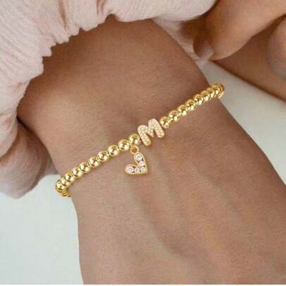 1pc Vintage Simple Bubble Initial Heart Pendant Golden Beaded Bracelets For Women