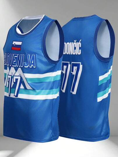 男士刺绣篮球77号无袖V领T恤，休闲派对运动上衣，蓝色