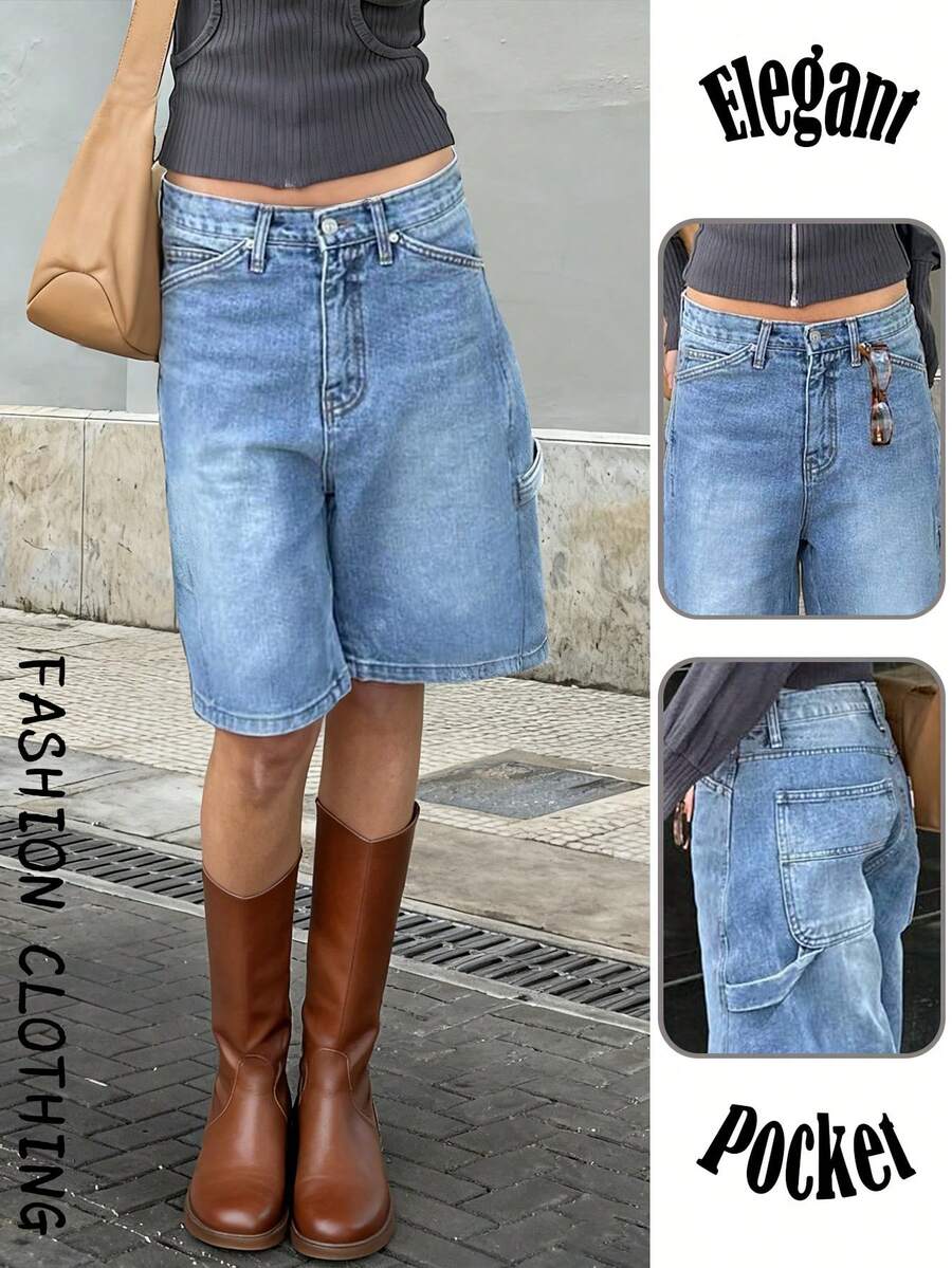 Women's Streetwear Denim Pocket Button Zipper Bermuda Shorts For Back To School