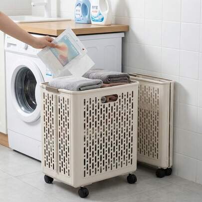 1pc Extra Large Wheeled Foldable Laundry Basket - PP Plastic Material, Multi-Purpose Dirty Clothes Hamper, Suitable For Bedroom And Bathroom Storage