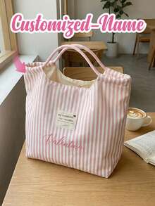 Customizable Personalized Name Retro Striped Handbag With Name Logo And Floral Text, Underarm Tote Bag, Retro Striped Canvas Handbag, Lightweight And Large Capacity Casual Fashion - Multicolor - View 5