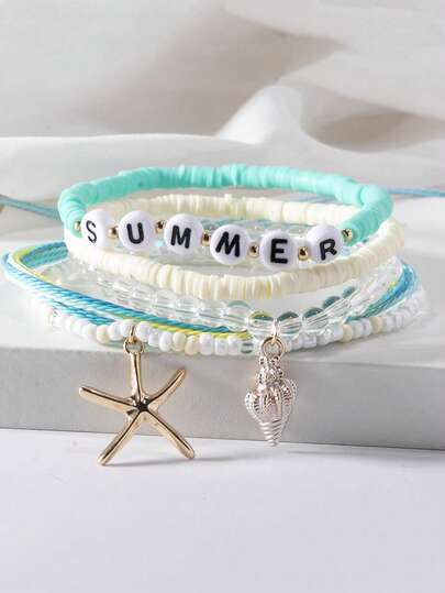 Set de 5 pulseras hechas a mano con cuentas, serie azul del océano con estrella de mar y concha, cuentas de vidrio y dijes con letras, estilo bohemio, adecuadas para uso diario, vacaciones en la playa, regalo para amigos