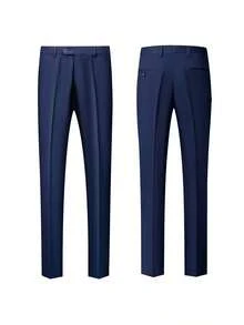 Conjunto de 3 piezas para hombre: chaqueta de traje de manga larga de unicolor, top sin mangas con botones delanteros y pantalones - Azul Marino - Ver 10