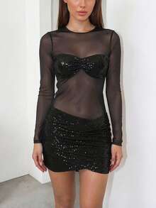 DOUCIU 透视长袖圆领性感修身连衣裙，时尚派对活动装扮 - 黑色 - 查看 1