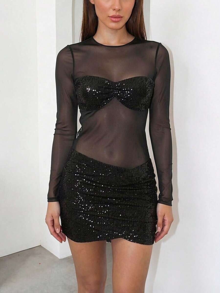 DOUCIU 透视长袖圆领性感修身连衣裙，时尚派对活动装扮 - 黑色 - 查看 1