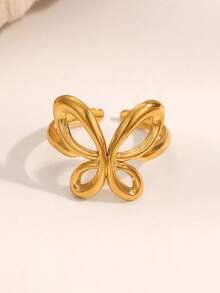 1pc Fashionable INS Minimalist Versatile Elegant Sweet Cute Gold-Plated Stainless Steel Butterfly Open Ring, Suitable For Women's Daily, Party, And Date Wear - Open Ring - View 2