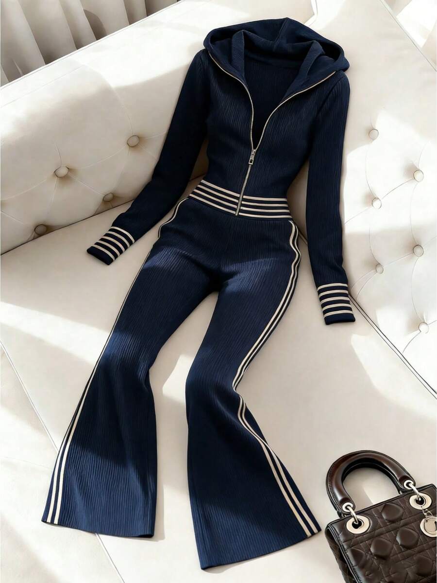 Women's Knitted Jumpsuit With Hood And Zipper Design, Flattering Silhouette, Striped Pattern, Stretchy Fabric, Casual/Sporty, Elegant, Commute-Friendly, Flared Leg, Model Runway Style With Side Stripe Contrast Zipper - Navy Blue - View 1