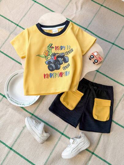 Bộ 2 món đồ cho bé trai gồm áo tay ngắn và quần short cạp chun in chữ "READY TO CRUSH KINDERGARTEN" hình khủng long.