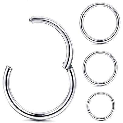4 piezas Anillos de perforación unisex de acero inoxidable 316 de baja alergia (adecuados para nariz, oreja, labio, septum) - Anillos para la nariz - Anillos con bisagra - Pendientes, 6/8/10/12 mm Anillos de perforación de cejas de acero inoxidable sin costura 16G (1.2 mm de grosor) con muesca única, plata, negro, oro, oro rosa, joyería corporal multicolor (multipaquete)