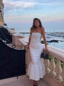 Women's Long Dress Stylish And Elegant Polka Dot Print Bandeau Slim Pleated Patchwork Hip Wrapping Sexy Summer Vacation Fresh Style Dress - 白色 - 查看 8