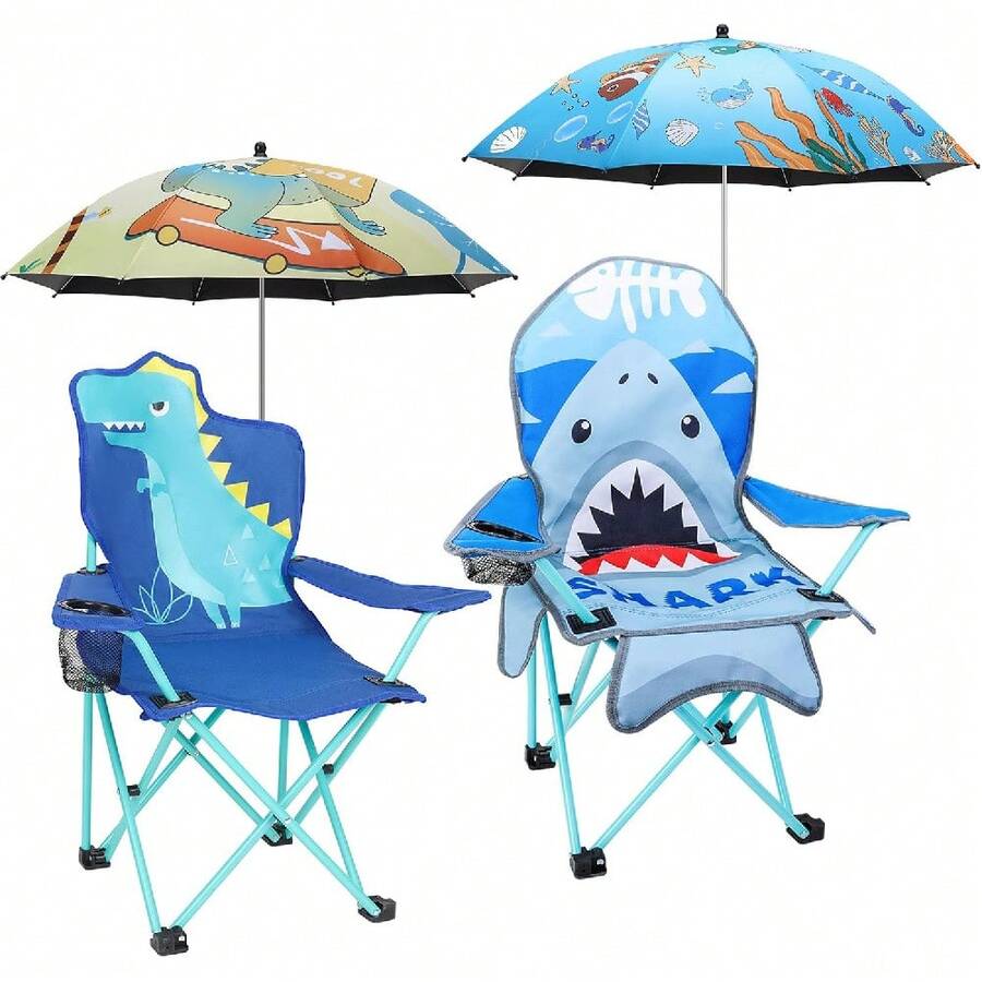 Set de 2 sillas plegables para camping al aire libre con portavasos, bolsa de transporte y 2 sombrillas integradas, ideales para playa, picnic, viajes y césped - Unicornio rosa y dinosaurio verde - Ver 1