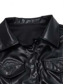 Women Crop Leather Jacket Solid Color Casual Long Sleeve Button Down Jacket Fall Outwear - Black - View 10