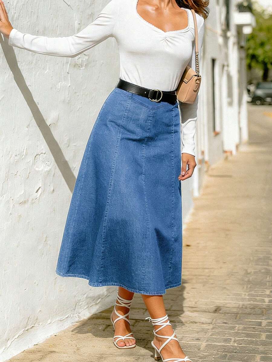 Navy Blue Elastic Denim Skirt, High Waist Slimming A-Line Flared Skirt For Spring & Summer Casual