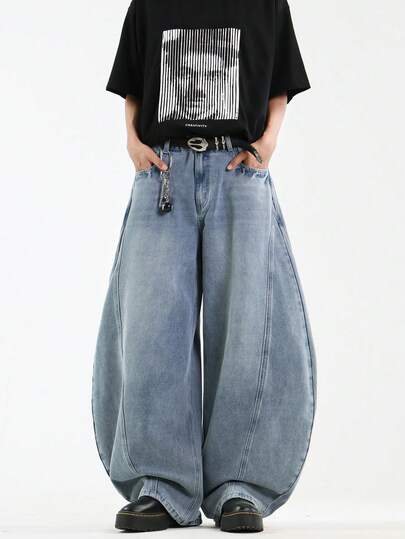 1 pieza Pantalones vaqueros de pierna ancha con efecto desgastado y parches, estilo coreano Justice Brother, ropa casual de calle, corte holgado (excluye cinturón/accesorios)
