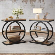 3-Tier End Table, Side Table With Storage Shelves, Small Sofa Side Table For Living Room, Wooden Side End Table With Double Round Metal Legs, Slim Nightstand And Bedside Table, Light Brown And Black - 淺棕色和黑色 - 查看 11