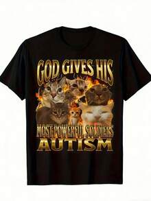 Funny Cat Meme T-Shirt For Men's Awareness HSY - Slogan 'God Gives His Mightiest Soldiers', 100% Cotton 180g, Short Sleeve Crew Neck T-Shirt, Soft Casual Fit, Comfortable Birthday, St. Patrick's Day, Graduation, Easter Gifts For Men, Dad - Black 2 - 查看 1