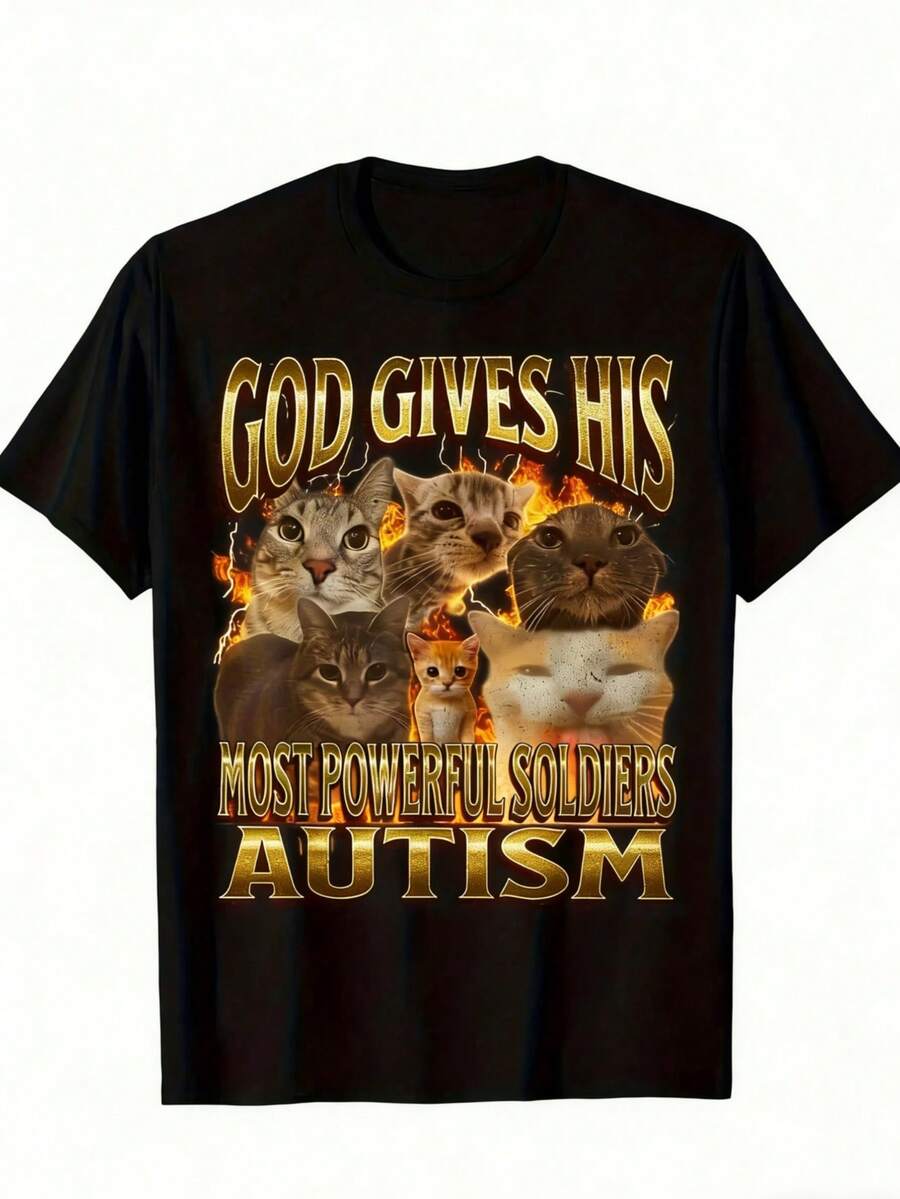 Funny Cat Meme T-Shirt For Men's Awareness HSY - Slogan 'God Gives His Mightiest Soldiers', 100% Cotton 180g, Short Sleeve Crew Neck T-Shirt, Soft Casual Fit, Comfortable Birthday, St. Patrick's Day, Graduation, Easter Gifts For Men, Dad - Black 2 - 查看 1