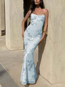 Leaf & Floral Jacquard Elegant Dress With Embroidery, Mesh Patchwork For Birthday Party, Wedding, Formal Occasion Summer - Baby Blue - View 4