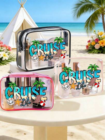 Chic Transparent Letter Print Travel Toiletry Bag Waterproof Square Zippered Toiletry Bag,Printing Beach Scenery Patterns, Dolphin, Coconut Tree, Starfish And Other Patterns,Transparent Pvc Portable Storage Bag , Cute Transparent Makeup Bag/Pencil Case/Lipstick Storage Bag Features A Hook And Can Store Small Items Such As Lipstick, Makeup Brushes, Skincare Products, Mobile Phones, And Coins. It's Suitable For Home And Travel Storage