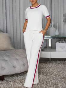 GLOURI Women's White Two-Piece Loungewear Set - Short Sleeve Top & High-Waisted Wide-Leg Pants & Drawstring Waist & Side Pocket Detail | Casual Sporty Fit For Weekend, Casual Hangouts & Running Errands Relaxed For Effortlessly Stylish Looks - trắng - Xem 5