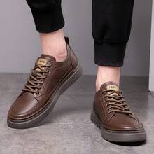 Men's Leather Lace-Up Low Top Casual Sneakers, Non-Slip Wear-Resistant Thick Sole Comfortable Fashion Walking Shoes For Daily Commute Outdoor Activities Business Casual Daily Wear - 棕色 - 查看 9