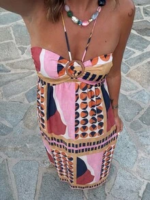 Women's Printed Button A-Line Vacation Dress, Fashionable For Daily And Holiday Wear, Spring/Summer - Multicolor - View 1