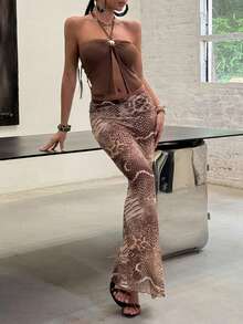 棕色两件套，吊带背心（前后系带设计，金色圆圈装饰，弹力针织面料），高腰长裙（蛇纹/豹纹迷彩印花）——性感时尚，适合海滩度假、休闲派对、约会之夜、购物、夏季聚会、日常穿搭。 - 棕色 - 查看 6