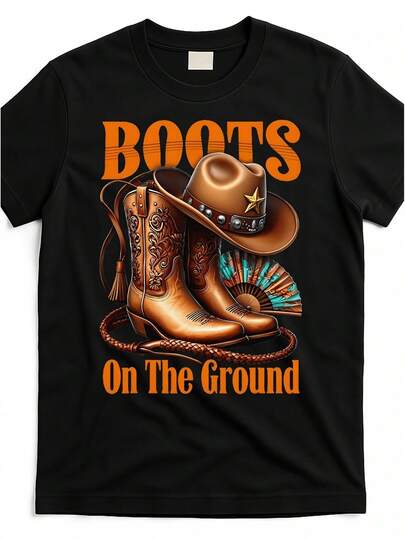Unisex Cotton T-Shirt, Men's Western Cowboy Boots And Cowboy Hat Pattern T-Shirt-Ground Design, With Horseshoe And Cowboy Boot Print, Suitable For Country Music Festivals, Rodeos, And Western Events, Casual Crew Neck Top-Four Seasons Comfort Style (Machine Washable)Exclusive Western-Themed Clothing For Men, Jamesarthur,Men,Ilovemygirlfrien,Valentinesgiftsforboyfriend,Valentineday,Romwemen,Funny,Tryandwestern,Men'sholidayClothes, Romwe, Manfinitymen,Giftsformen,Romwemen,Men'ssummerclothes,,,Maijaclotheswomen,MaijaWomen, Disco, Harrystyles,SumwonWomen, Y2KTop, CuteTop, Parent-Child Outfits TNCO