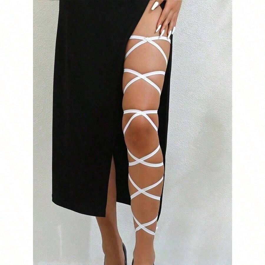 1pcs Sexy Crisscross Elastic Strap Multilayer Leg Garter Halloween Lace Thigh Garter Set, With Elegant Bow Decor, Stretchy Leg Band Suitable For Party Props And Bridal Leg Jewelry - 白色 - 查看 1