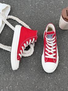 黑色帆布鞋，女鞋，运动鞋，男鞋，帆布鞋，春秋季款，韩版，简约时尚休闲系带运动鞋，经典高帮帆布鞋，百搭休闲滑板鞋 - 紅色 - 查看 5