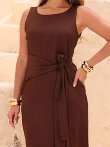 Dress With A Sophisticated Drape And A Front Knot. - Rust Brown - View 5