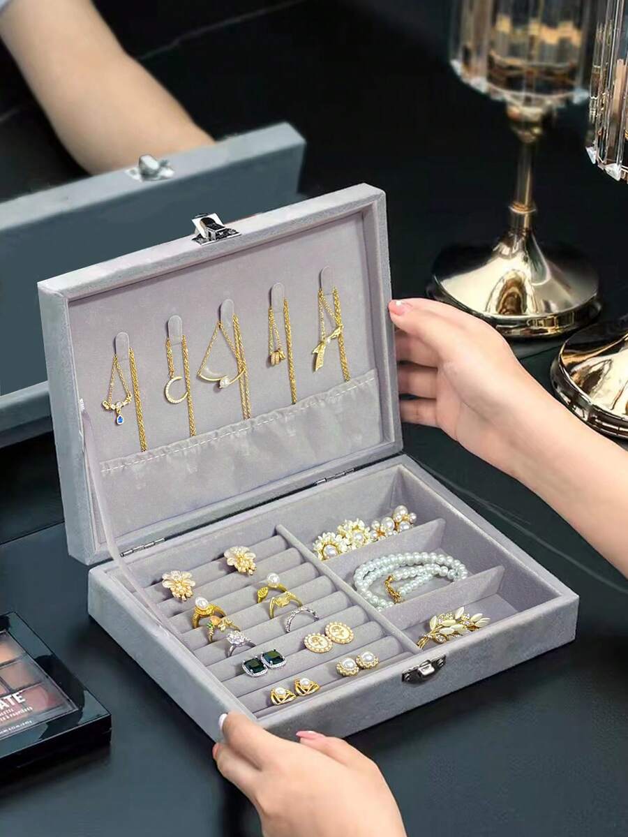 Jewelry Storage Box With Lock, Velvet Multi-Layer Jewelry Box, Desktop Jewelry Organizer, Jewelry & Accessories Storage Box, Moisture-Proof Jewelry Box, Necklace Holder, Ring Box, Convenient Jewelry Storage Case, Multi-Function Jewelry Organizer, Soft Fabric Lining, Exterior Lock Clasp, Interior Compartment Hooks, Suitable For Storing Rings, Necklaces, Earrings, Pendants - Lockable Jewelry Box - View 1