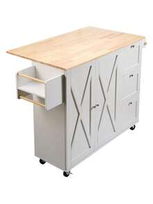 Kitchen Island Cart With Solid Wood Top, 45.3" Width Mobile Carts With Storage Cabinet, Rolling Table With Spice Rack, Towel Rack, Drop Leaf And Drawer, Portable Islands On Wheels, White - White - View 8