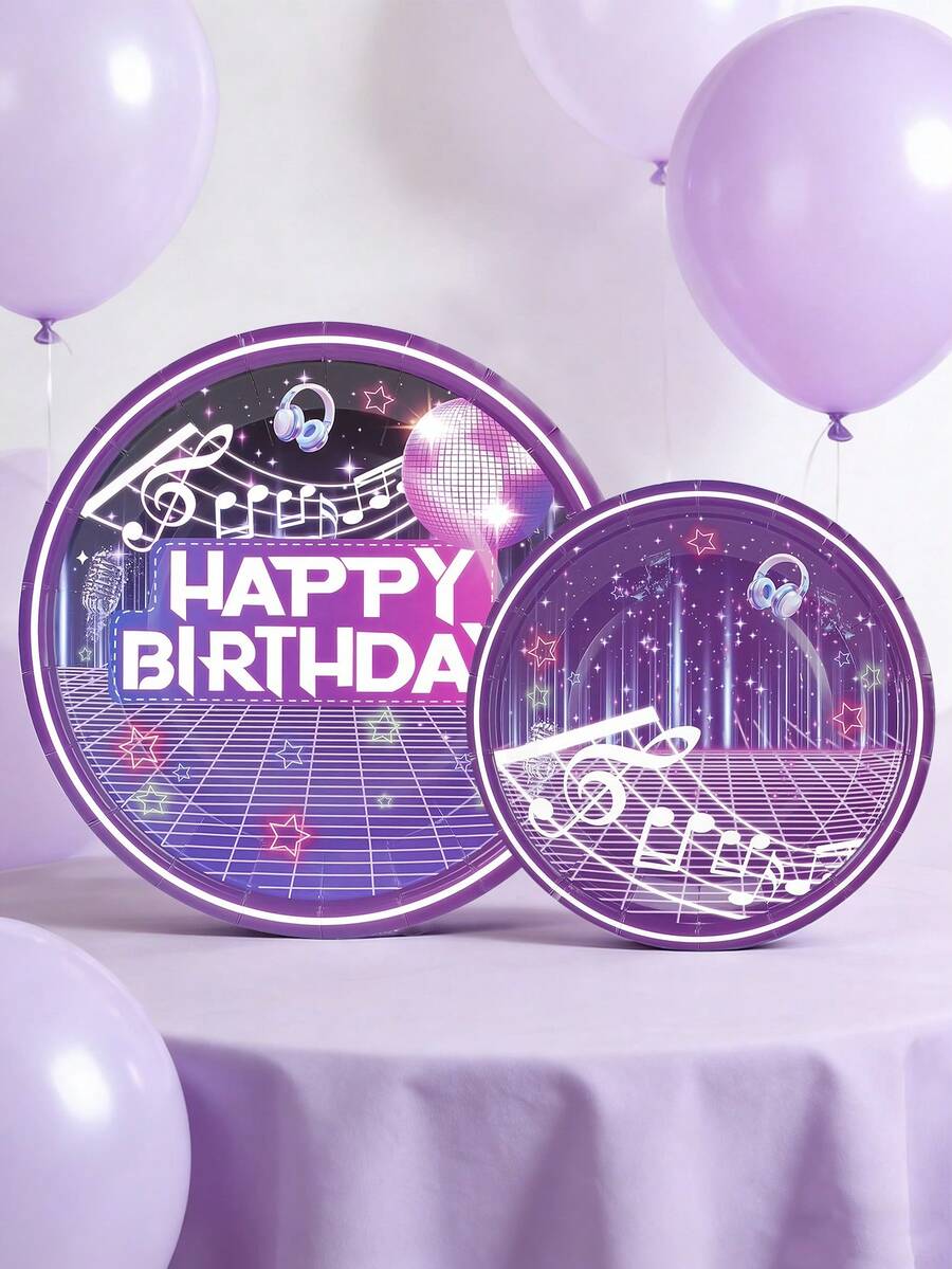 20件/40件/60件套韩式音乐舞蹈女孩生日派对装饰，紫色和粉色K-POP明星生日派对餐盘，甜点盘，蛋糕盘，餐具套装 - C款 - 查看 1