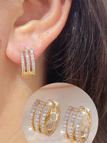 1件装奢华小众设计微镶锆石三环耳环，优雅百搭的圈形耳环，适合日常通勤 - 耳圈 - 查看 4