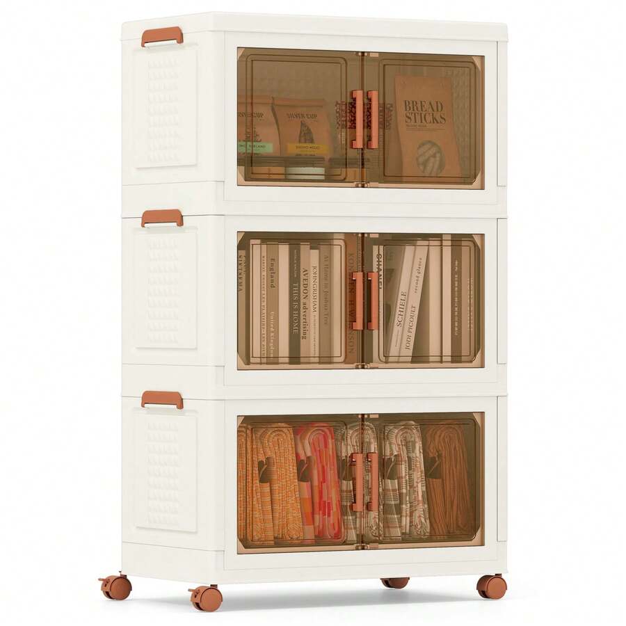 COSTWAY Collapsible Storage Bins With Lids, 3-Pack Stackable Plastic Storage Boxes With Wheels, Foldable Storage Containers Closet Organizer With Front Opening Doors, White - White - View 1