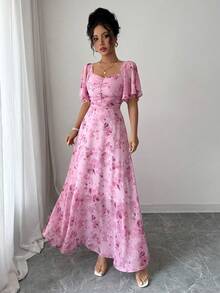 Summer Butterfly Print Mini Dress - Women's Chiffon Pleated Hem French Sweet Style - 粉色 - 查看 3