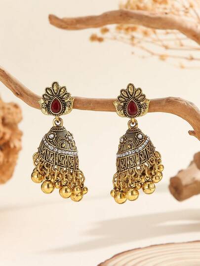 1 Pair Traditional Jhumka Earrings, Elegant & Charming Crystal Embellished Creative Design With Bell, Round Bead & Tassel, Suitable For Women & Girls Daily, Festival, Wedding And Party Wear/Jewelry Gift