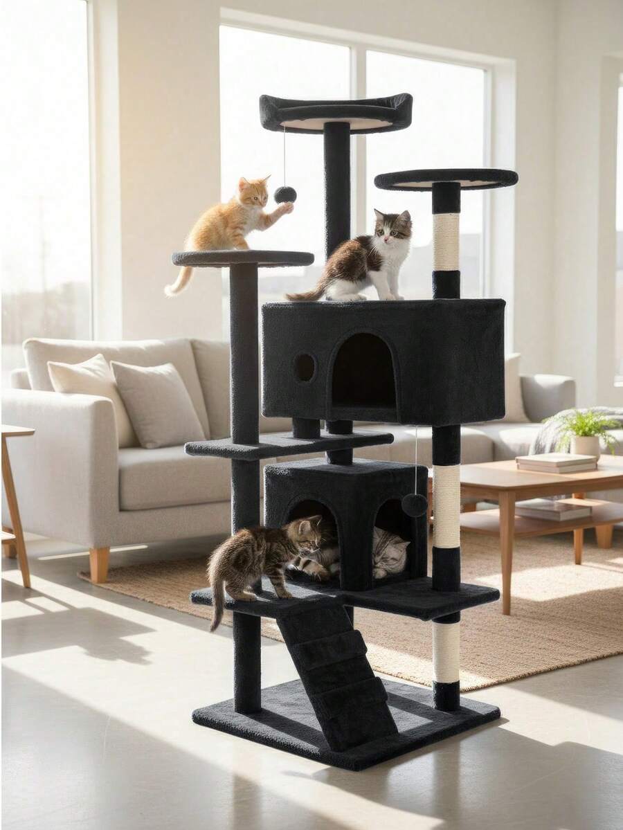 Tháp cây mèo 54in dành cho mèo trong nhà, Trung tâm hoạt động nội thất đa cấp với trụ chống trầy xước Nhà đứng - Màu xám đen - Xem 1