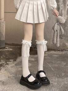 1双白色蕾丝边蝴蝶结可爱日系JK/洛丽塔小腿袜 - 适合春秋季 - 彩色 - 查看 5