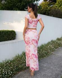 Women's Elegant Pink Marble Print Drawstring Crop Top & Midi Skirt Two Pieces Set, Chic Sexy Summer Outfit, Romantic Vacation Wear - Pink - View 6