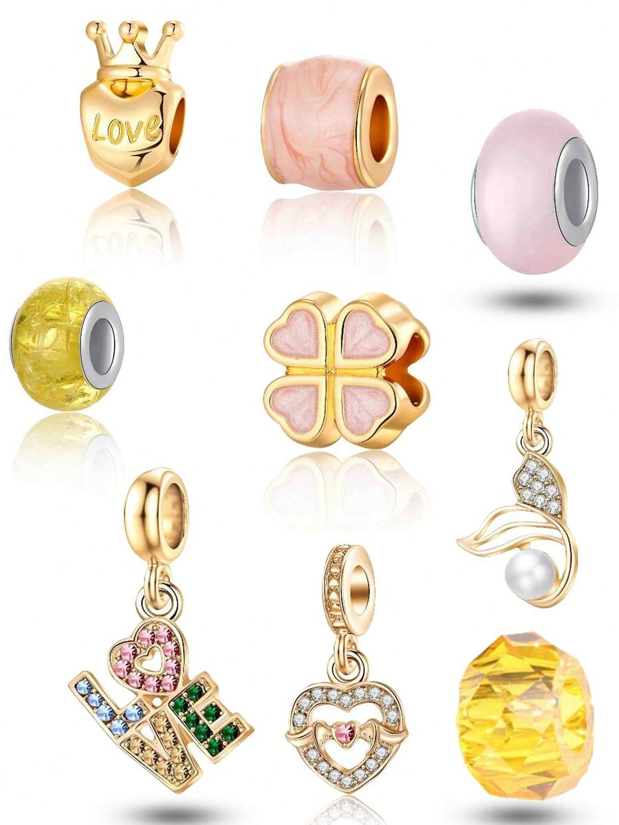 9件套金色和粉色时尚DIY手链，带吊坠，送给女朋友的特别礼物 - 彩色 - 查看 1